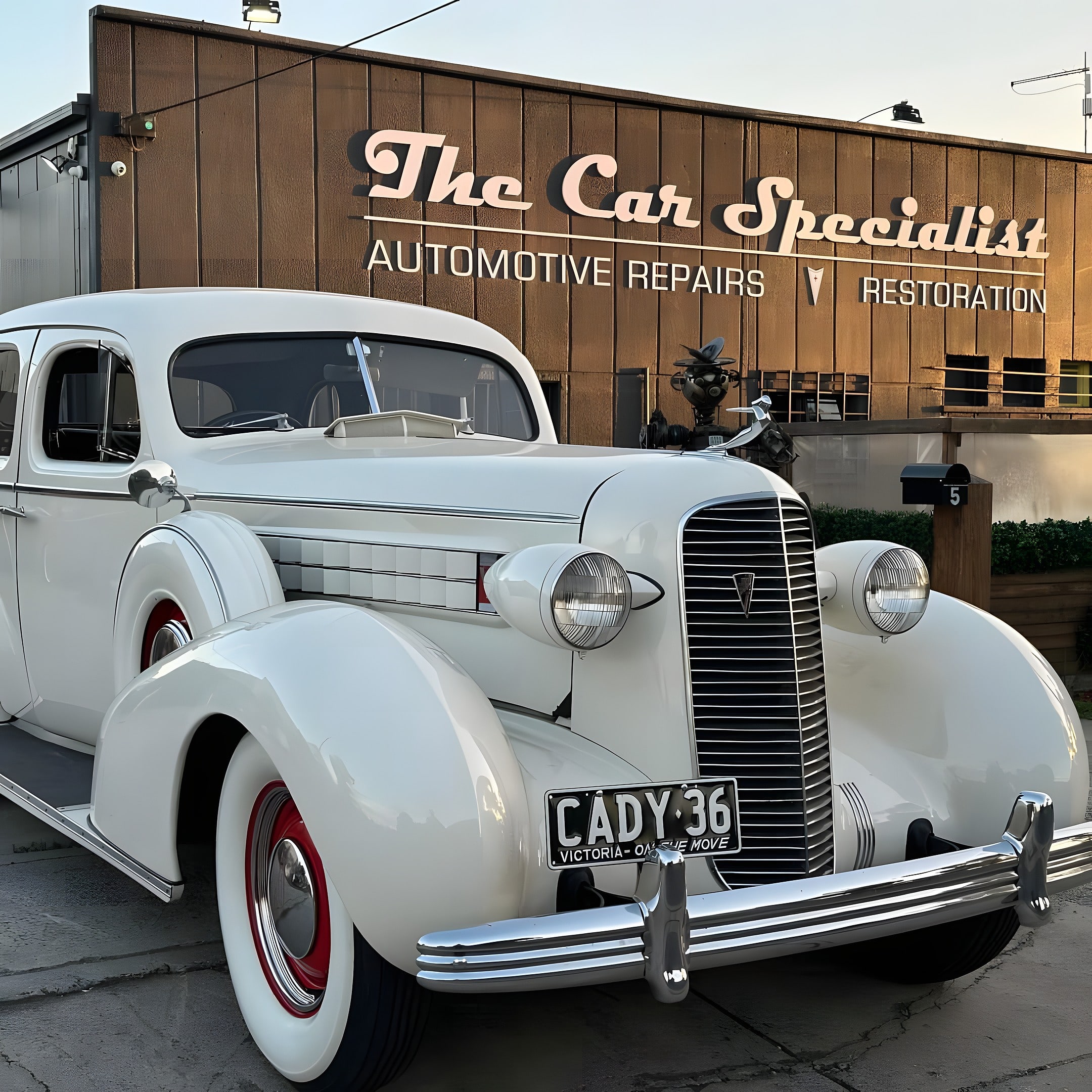 The white 1936 Cadillac, plates CADY 36, parked in front of the hand painted The Car Specialist sign on the workshop