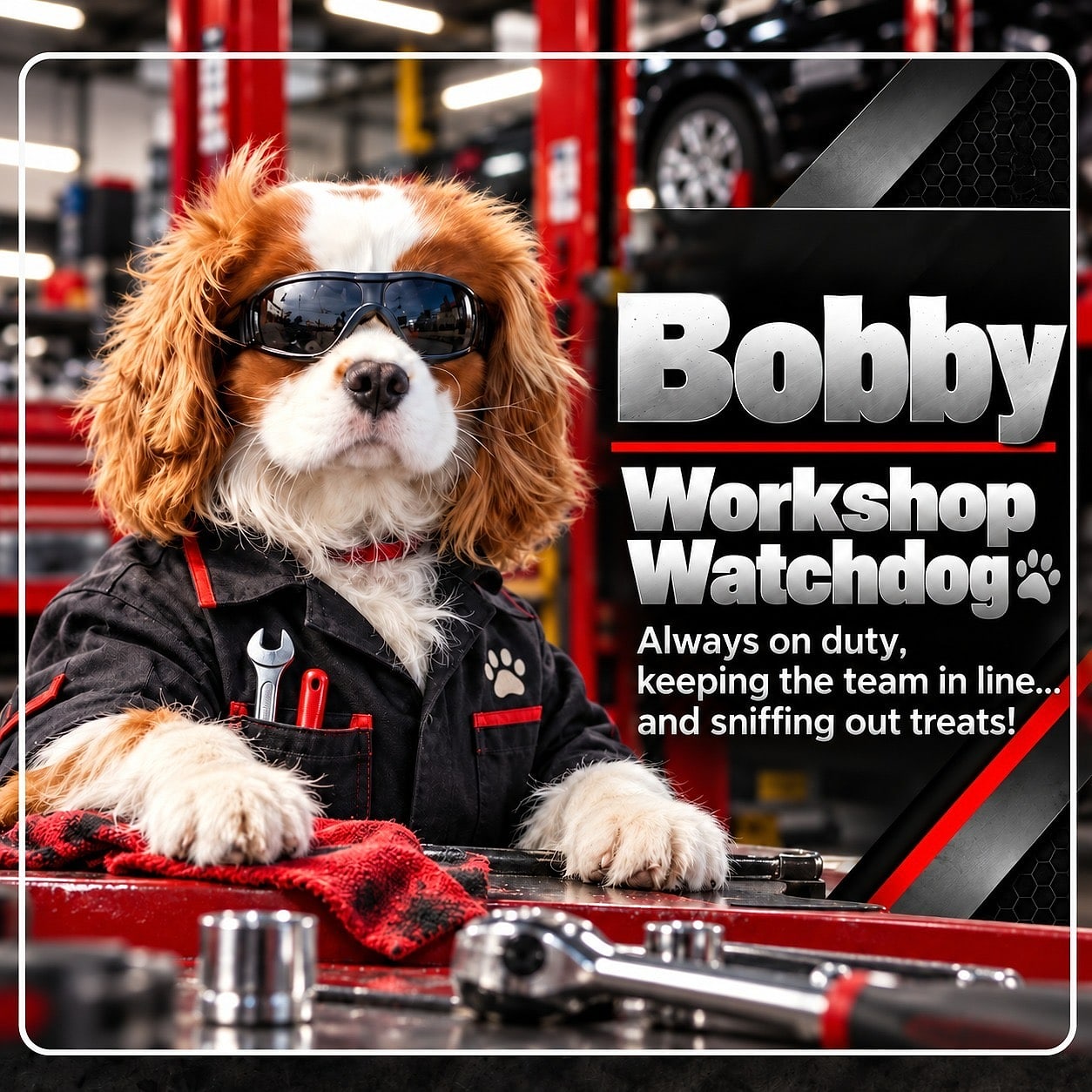 Bobby | Workshop Watchdog. Always on duty, keeping the team in line... and sniffing out treats!